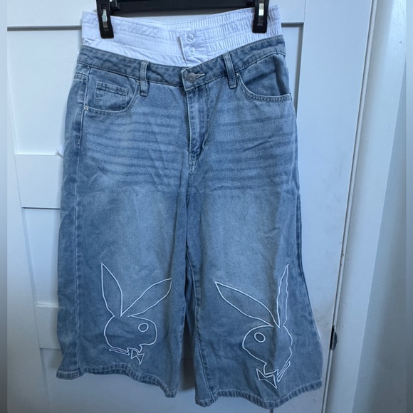PLAYBOY Blue Denim Shorts with White Logo - Picture 1 of 13